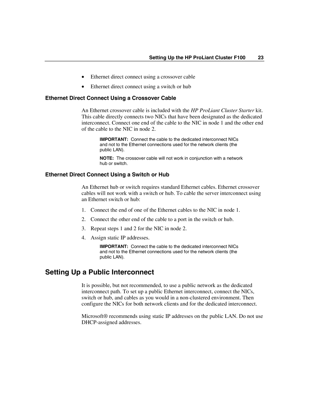 HP F100 manual Setting Up a Public Interconnect, Ethernet Direct Connect Using a Crossover Cable 