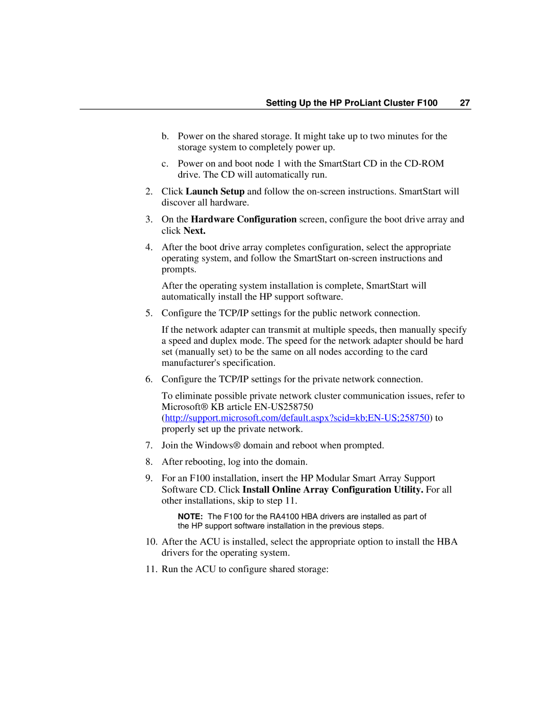 HP manual Setting Up the HP ProLiant Cluster F100 