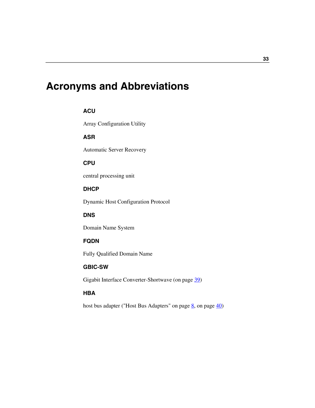 HP F100 manual Acronyms and Abbreviations, Hba 