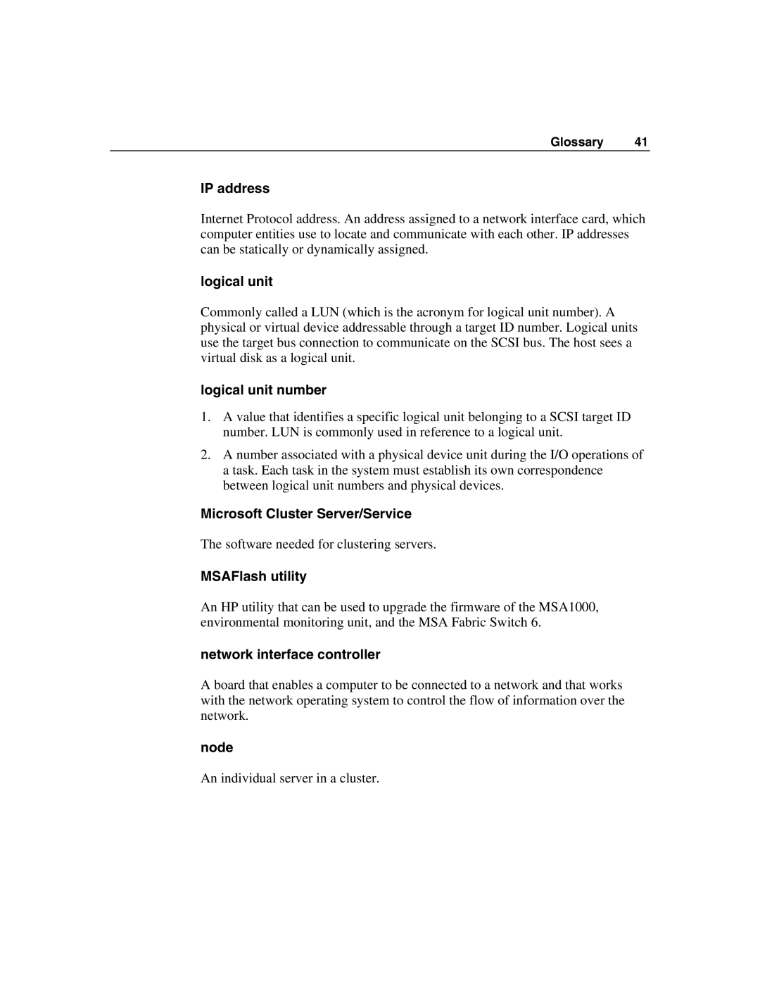 HP F100 manual IP address, Logical unit number, Microsoft Cluster Server/Service, MSAFlash utility, Node 