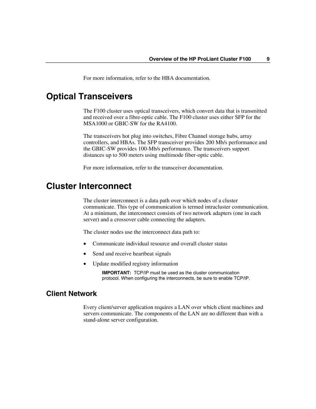 HP F100 manual Optical Transceivers, Cluster Interconnect, Client Network 