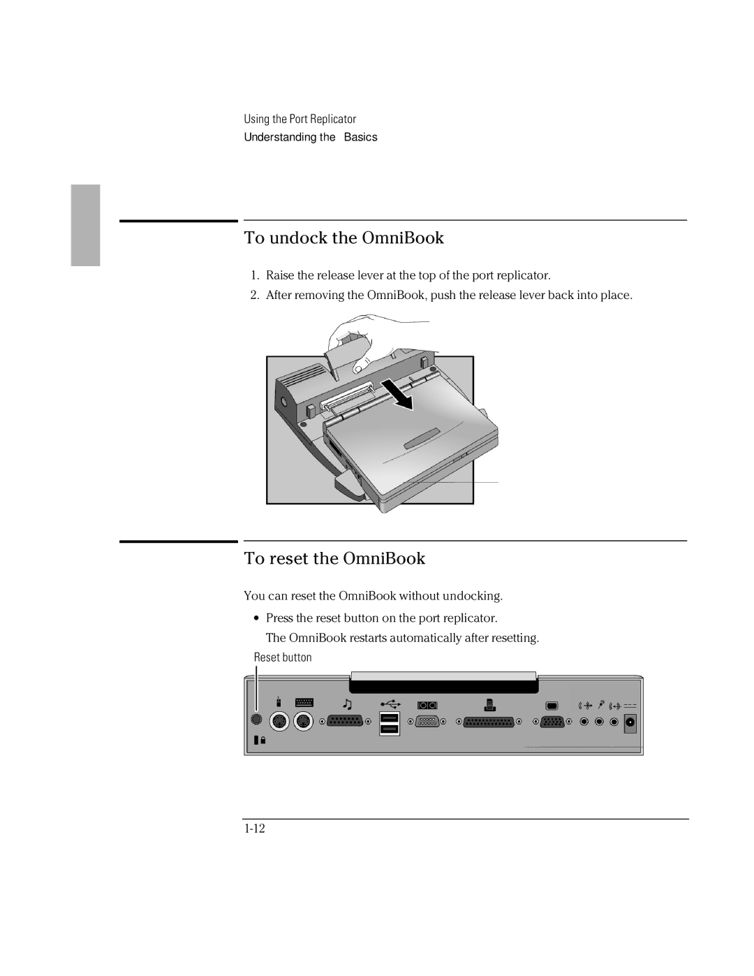 HP F1381A manual To undock the OmniBook, To reset the OmniBook 