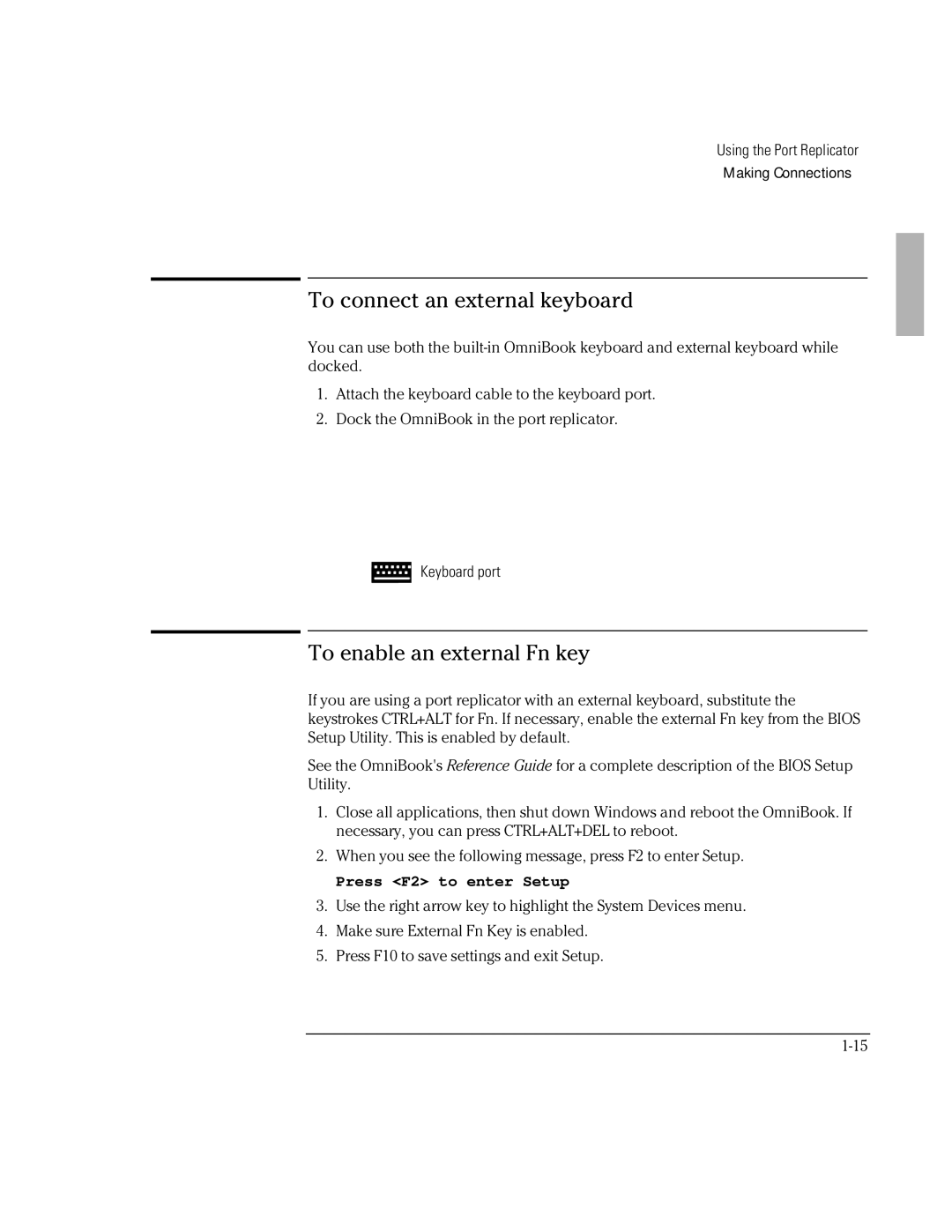 HP F1381A manual To connect an external keyboard, To enable an external Fn key 