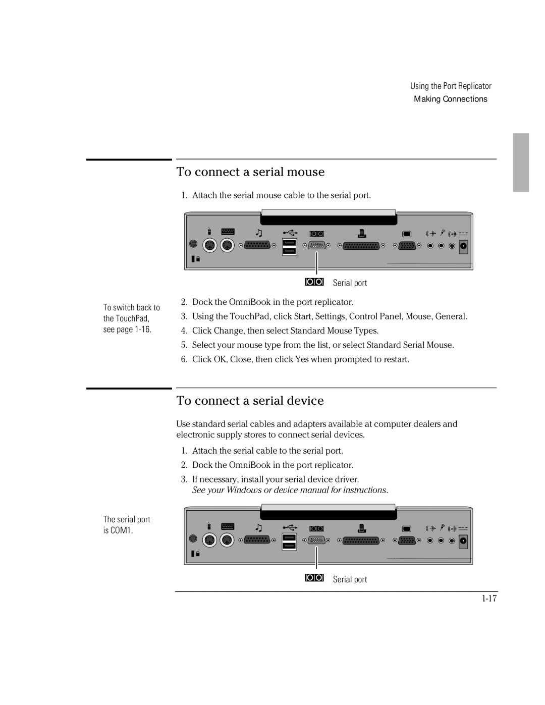 HP F1381A manual To connect a serial mouse, To connect a serial device 