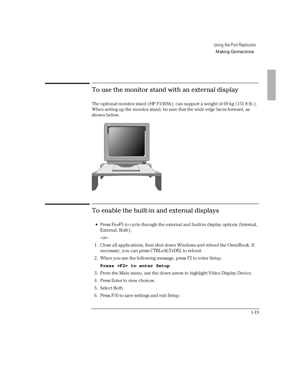 HP F1381A manual To use the monitor stand with an external display, To enable the built-in and external displays 