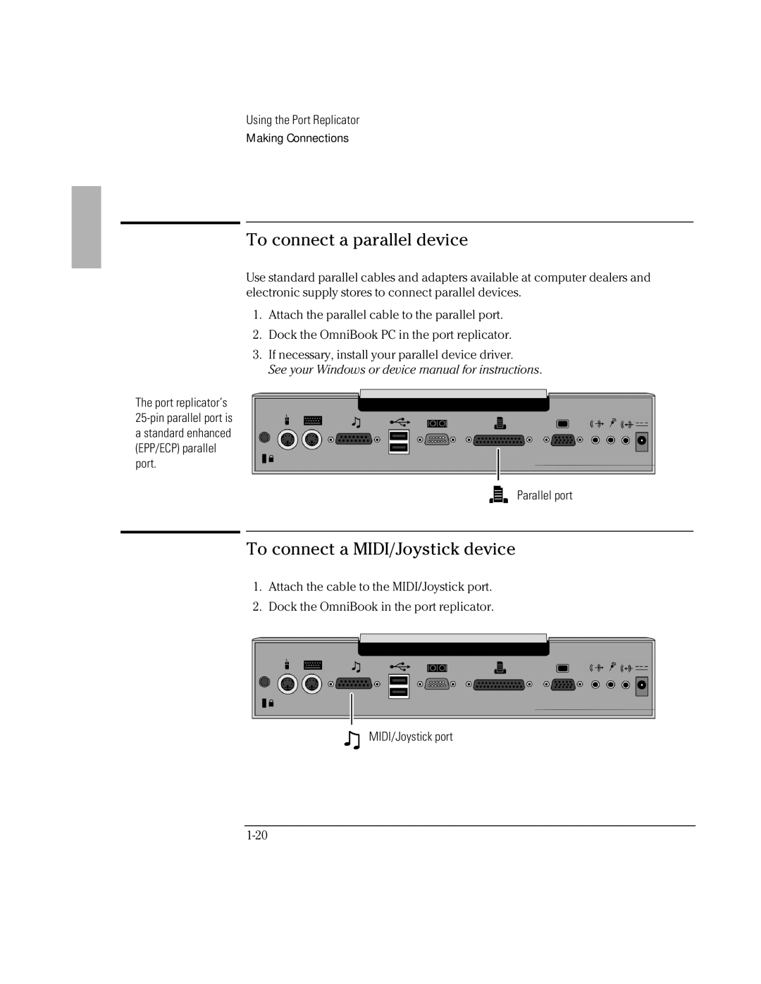 HP F1381A manual To connect a parallel device, To connect a MIDI/Joystick device 