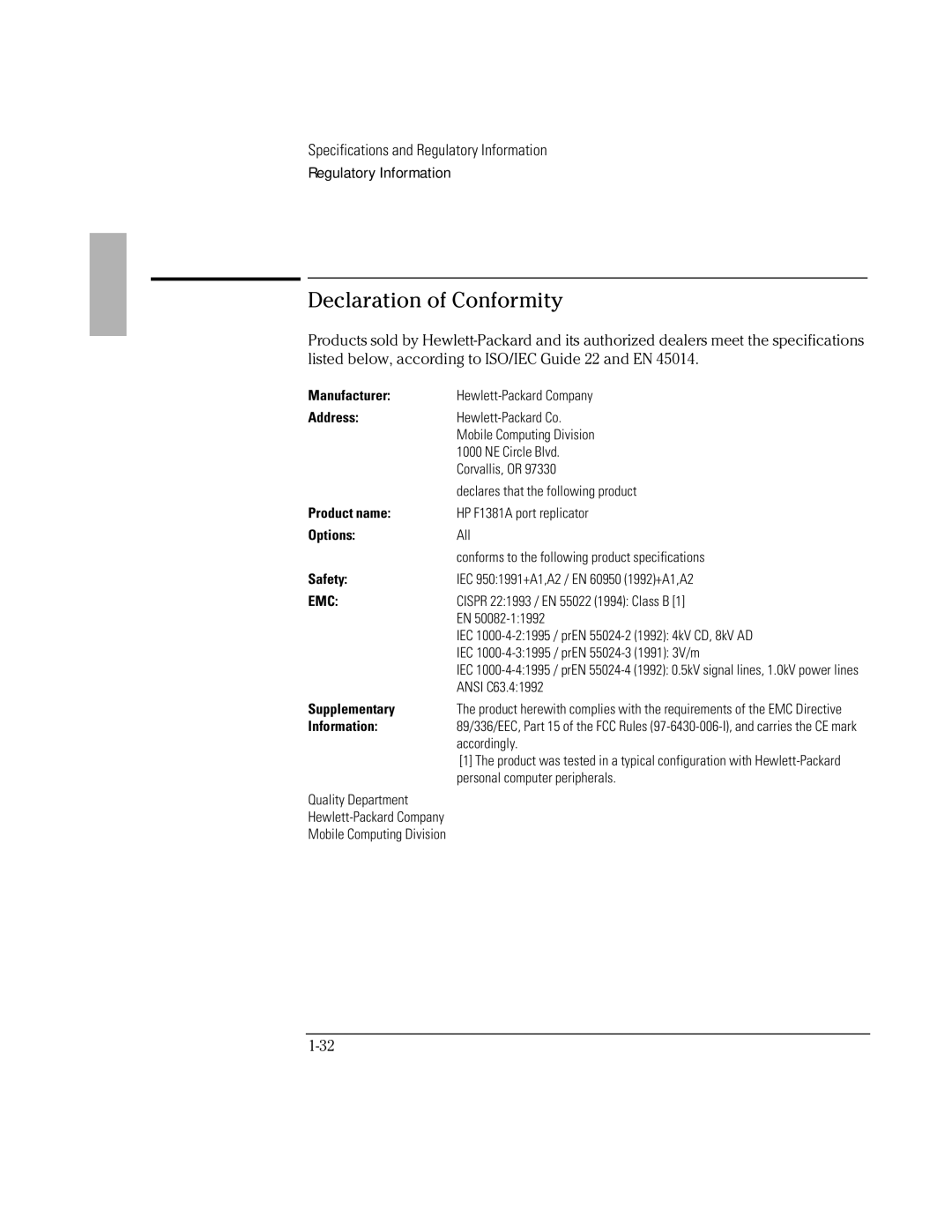 HP F1381A manual Declaration of Conformity, Address 