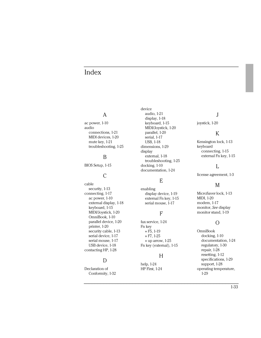 HP F1381A manual Index 