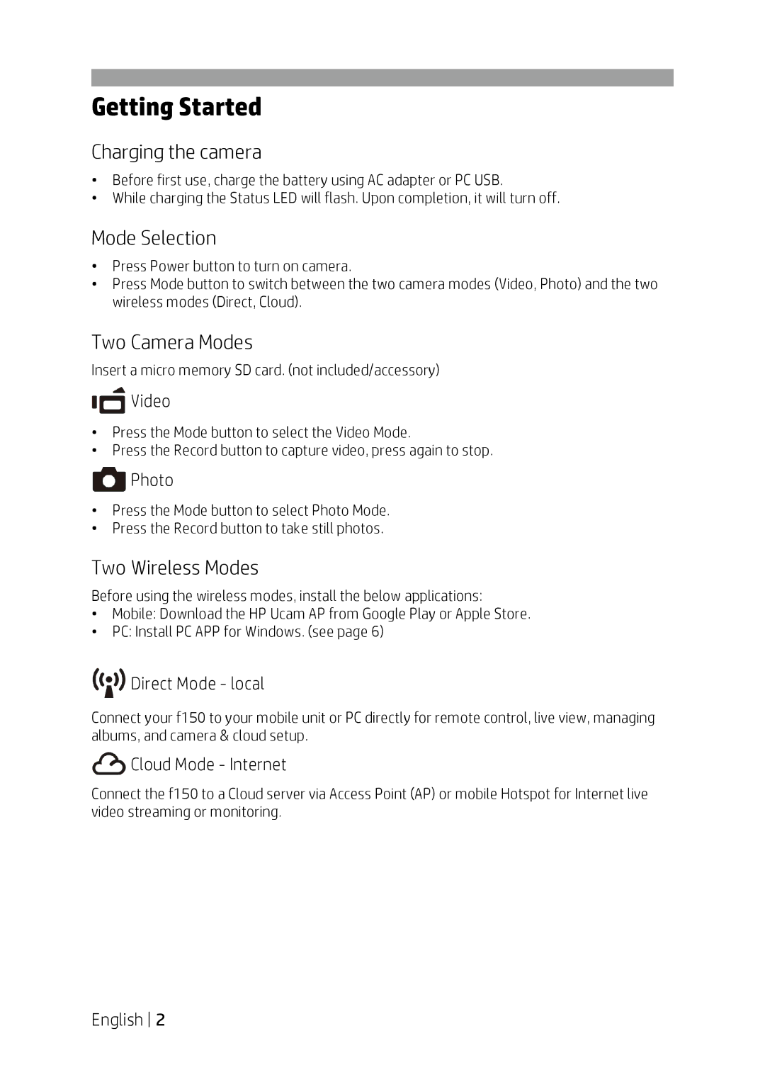 HP f150 manual Getting Started, Charging the camera 