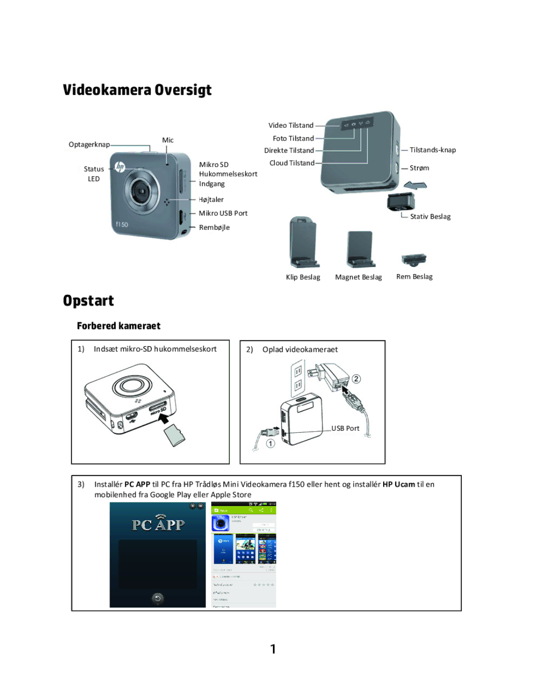 HP f150 manual Videokamera Oversigt, Opstart, Forbered kameraet 