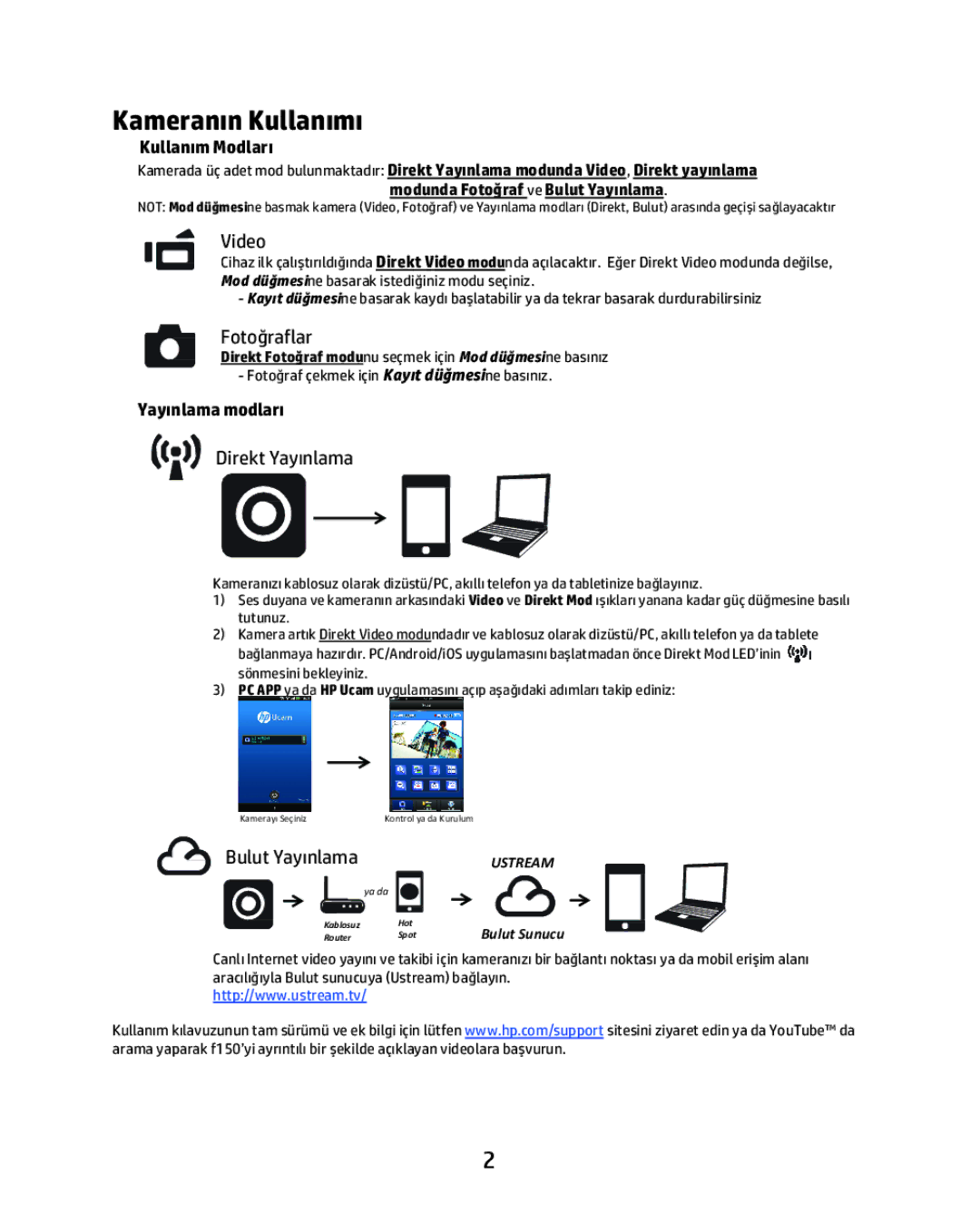 HP f150 manual Kameran, Fotoflar, Direkt Yay, Bulut Yaynlama 