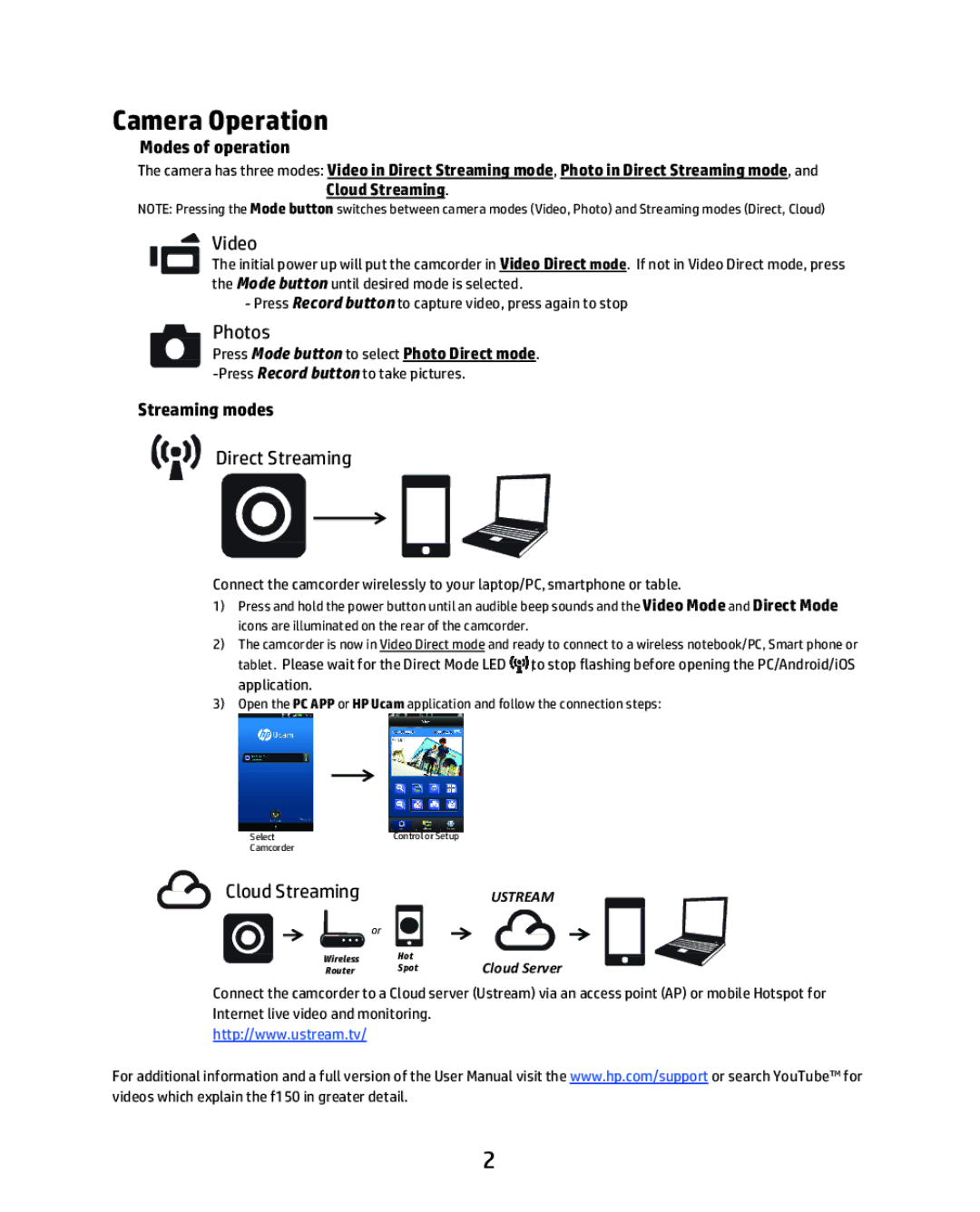 HP f150 manual Camera Operation, Video, Photos, Streaming modes, Direct Streaming 