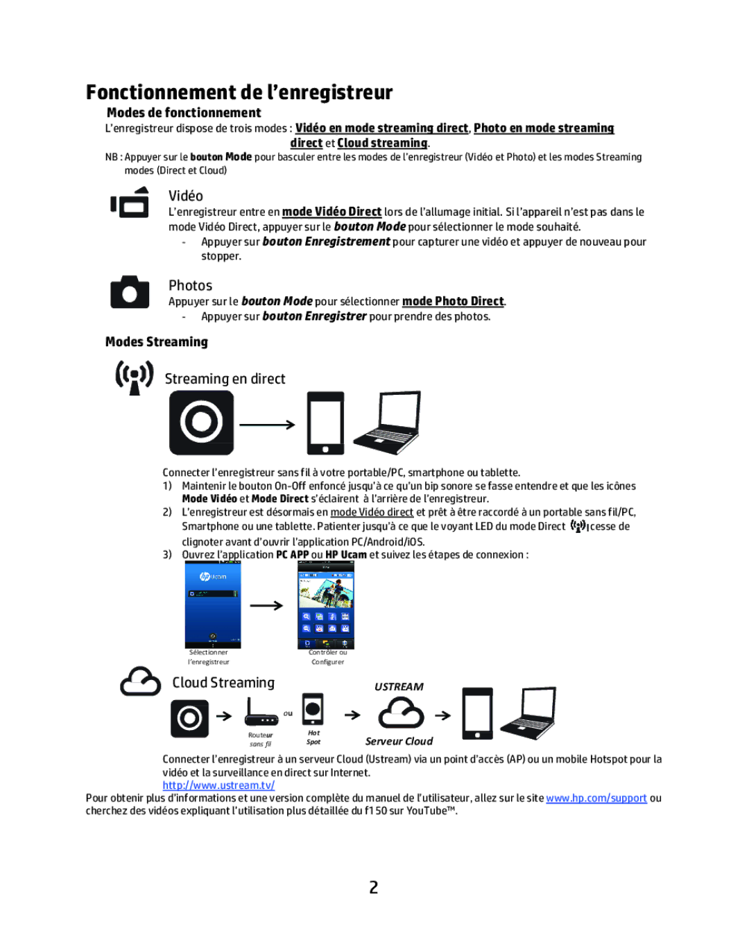 HP f150 manual Fonctionnement de l’enregistreur, Vidéo, Modes Streaming, Streaming en direct, Cloud Streaming 