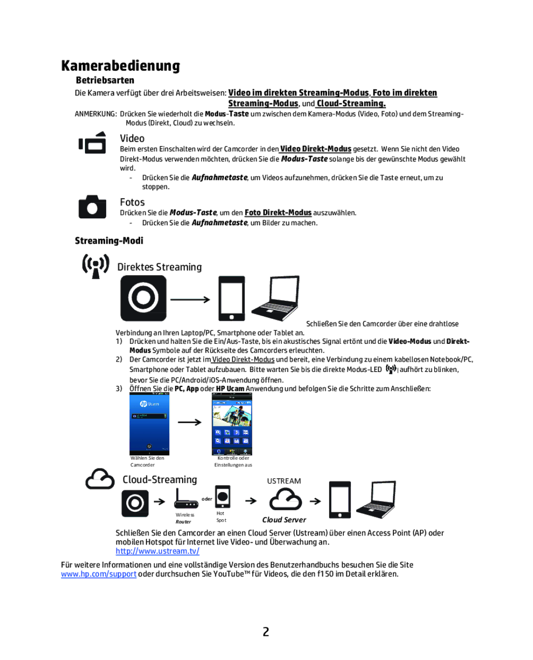 HP f150 manual Kamerabedienung, Betriebsarten, Streaming-Modi 