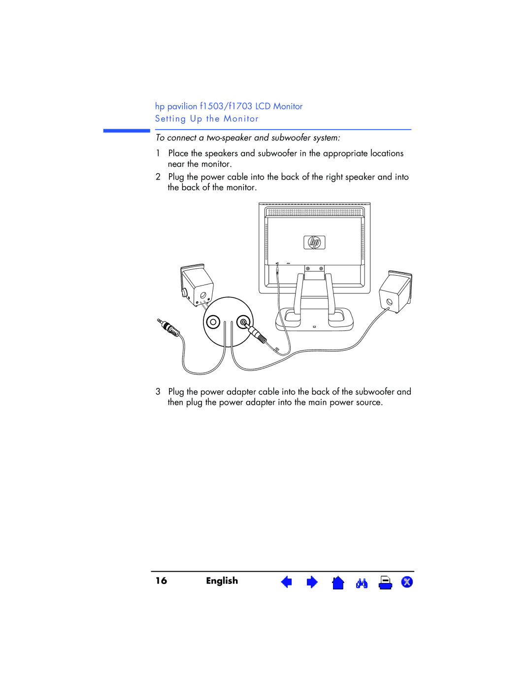 HP f1503 15 inch, f1703 17 inch manual To connect a two-speaker and subwoofer system 