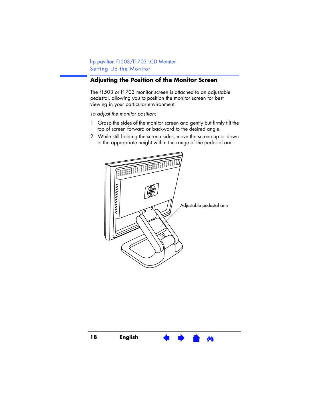 HP f1503 15 inch, f1703 17 inch manual Adjusting the Position of the Monitor Screen, To adjust the monitor position 