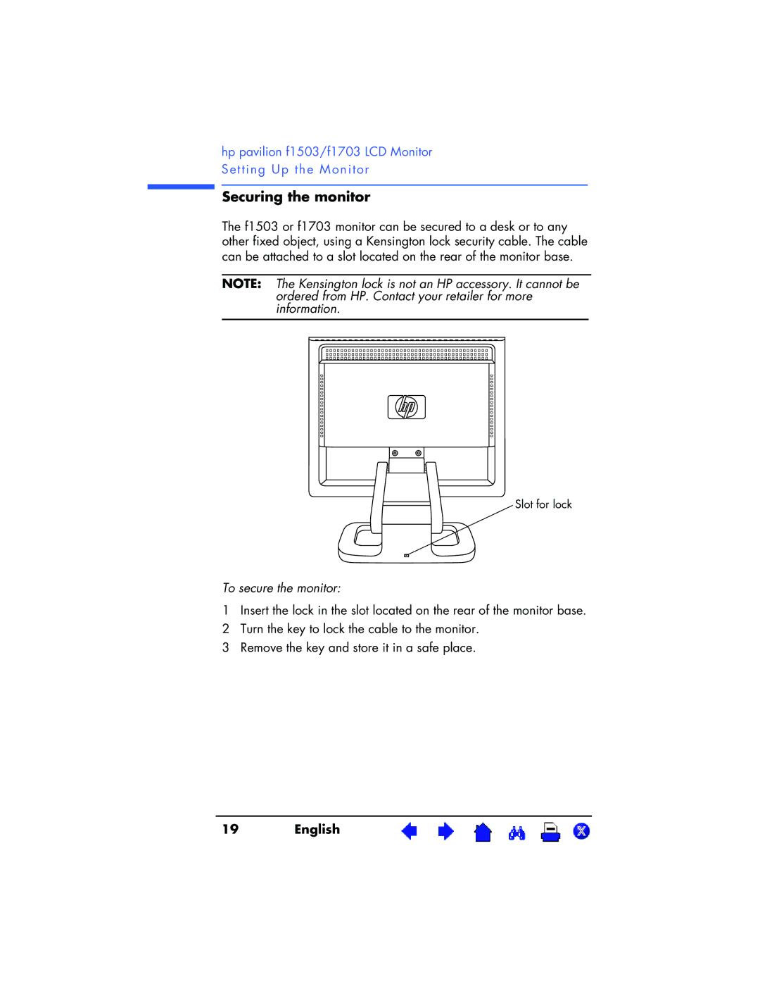 HP f1703 17 inch, f1503 15 inch manual Securing the monitor, To secure the monitor 