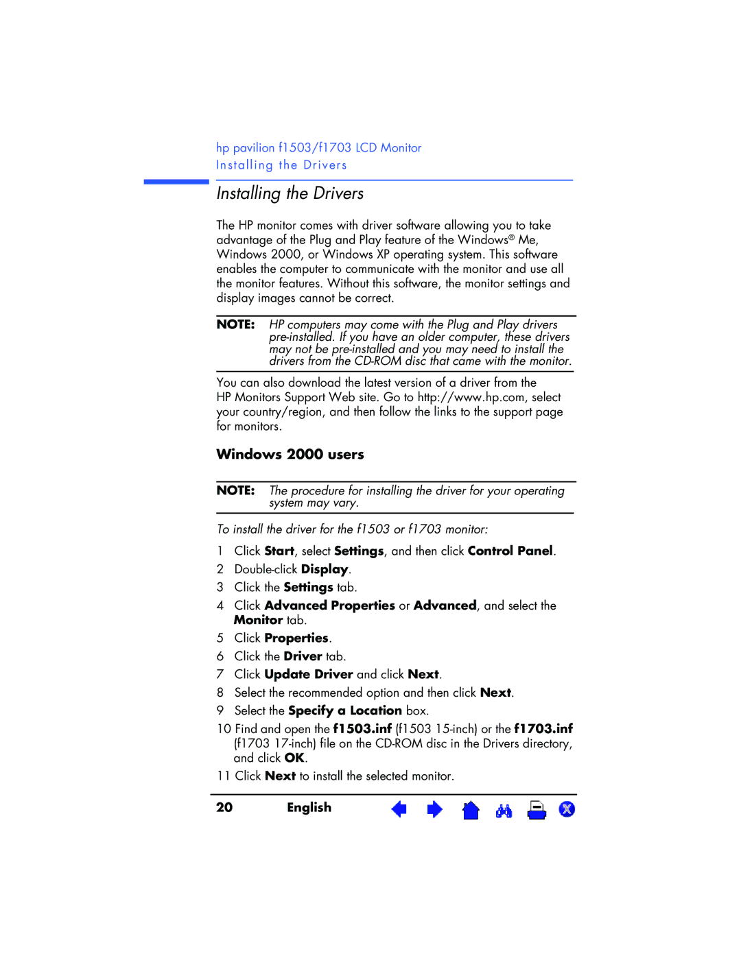 HP f1503 15 inch manual Installing the Drivers, Windows 2000 users, To install the driver for the f1503 or f1703 monitor 
