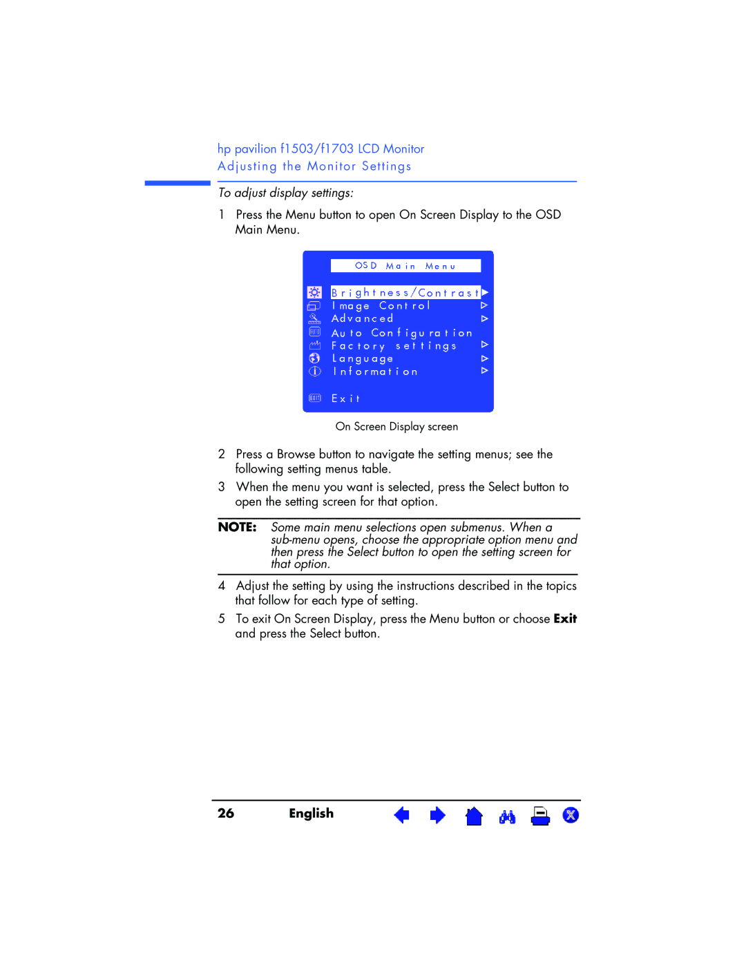 HP f1503 15 inch, f1703 17 inch manual To adjust display settings 