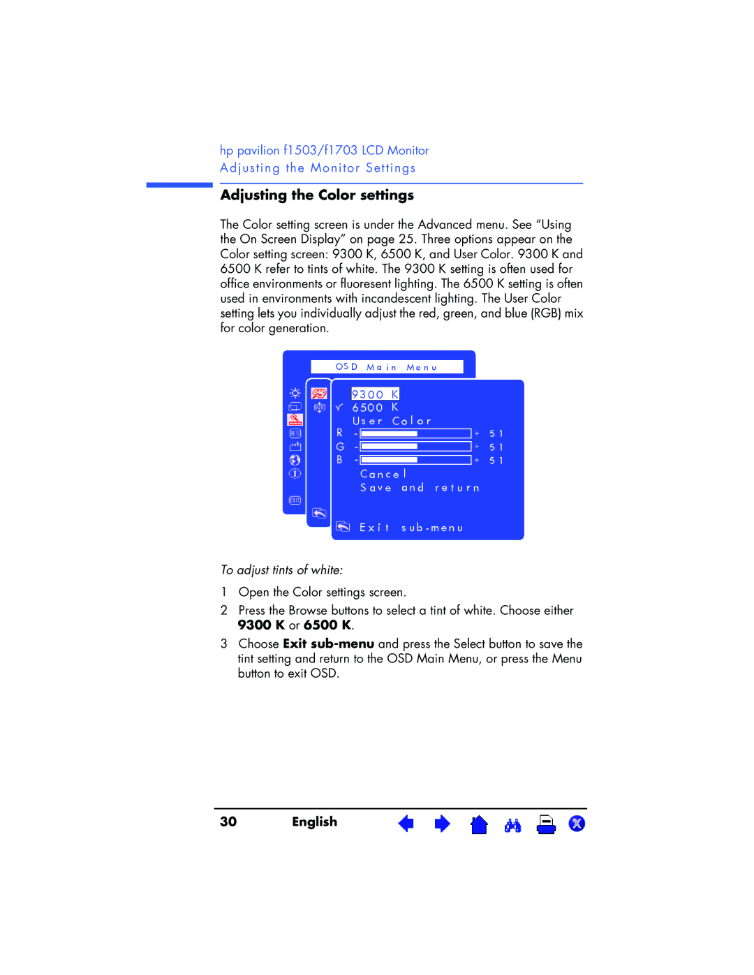 HP f1503 15 inch, f1703 17 inch manual Adjusting the Color settings, To adjust tints of white 