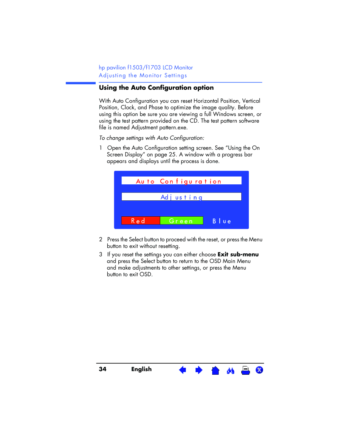 HP f1503 15 inch, f1703 17 inch manual Using the Auto Configuration option, To change settings with Auto Configuration 