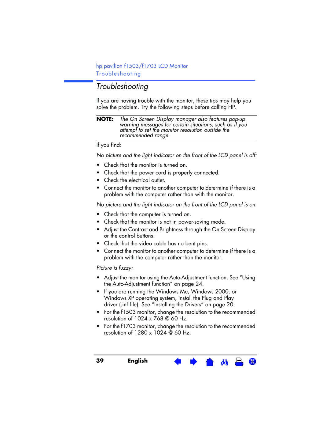 HP f1703 17 inch, f1503 15 inch manual Troubleshooting, Picture is fuzzy 