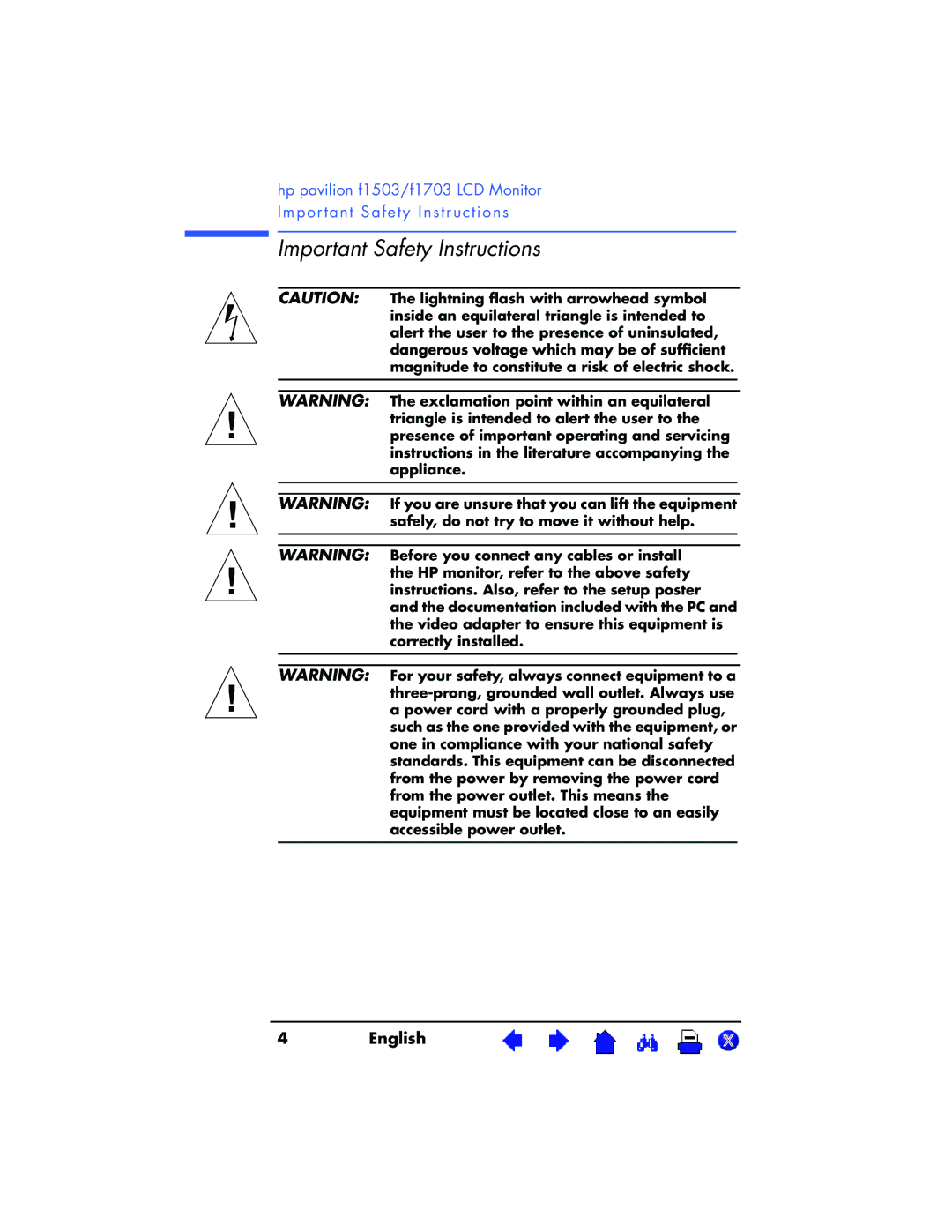 HP f1503 15 inch, f1703 17 inch manual Important Safety Instructions 