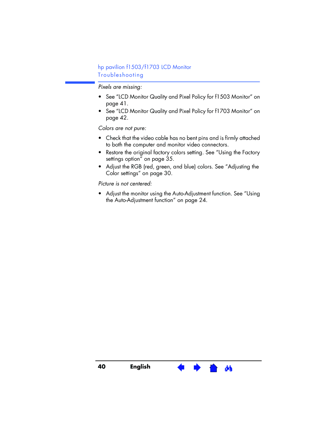 HP f1503 15 inch, f1703 17 inch manual Pixels are missing, Colors are not pure, Picture is not centered 