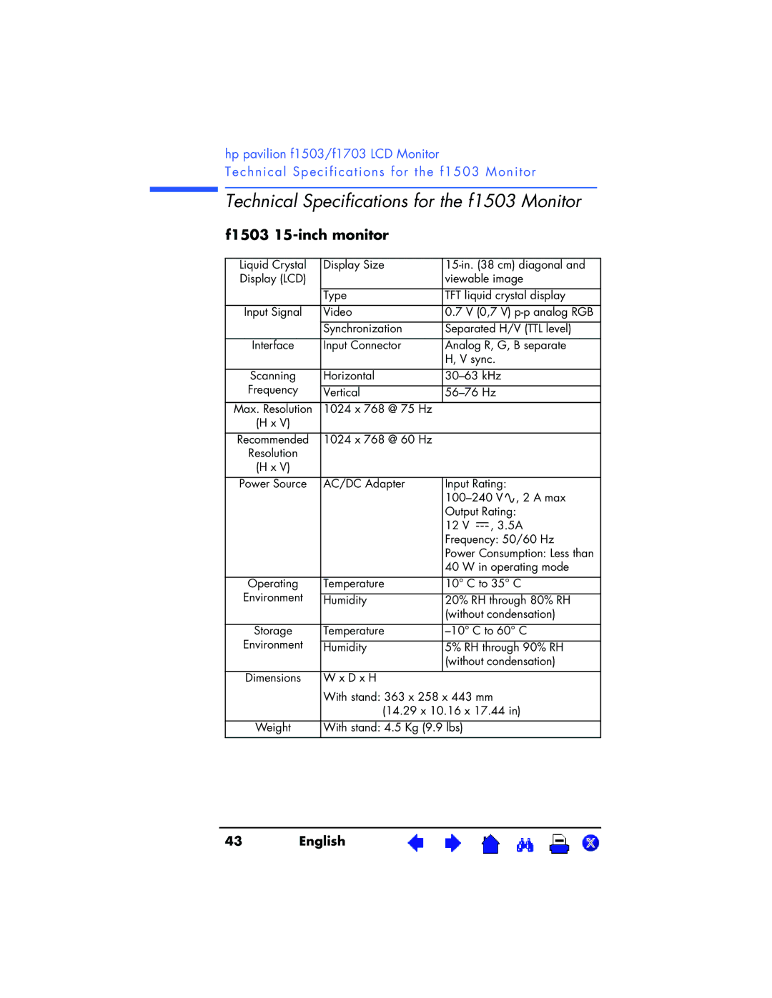 HP f1703 17 inch, f1503 15 inch manual Technical Specifications for the f1503 Monitor 