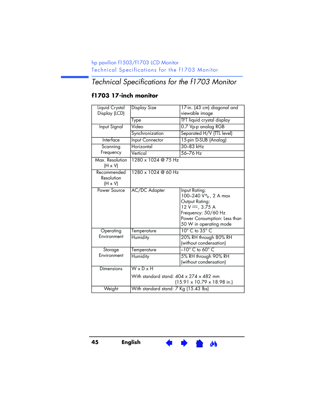 HP f1703 17 inch, f1503 15 inch manual Technical Specifications for the f1703 Monitor, F1703 17-inch monitor 