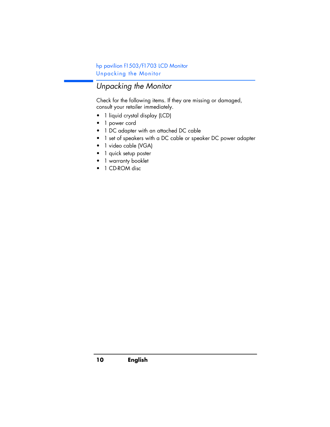 HP f1503 manual Unpacking the Monitor 