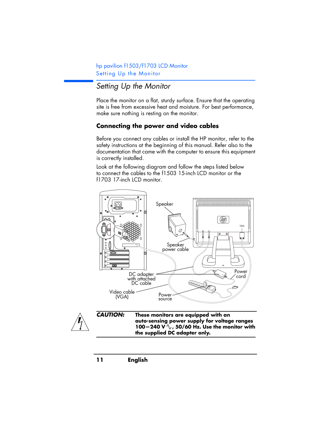 HP f1503 manual Setting Up the Monitor, Connecting the power and video cables 