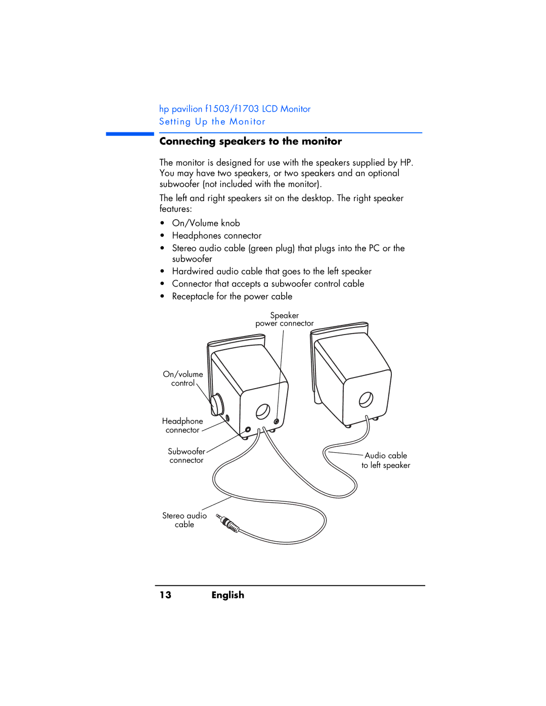 HP f1503 manual Connecting speakers to the monitor 