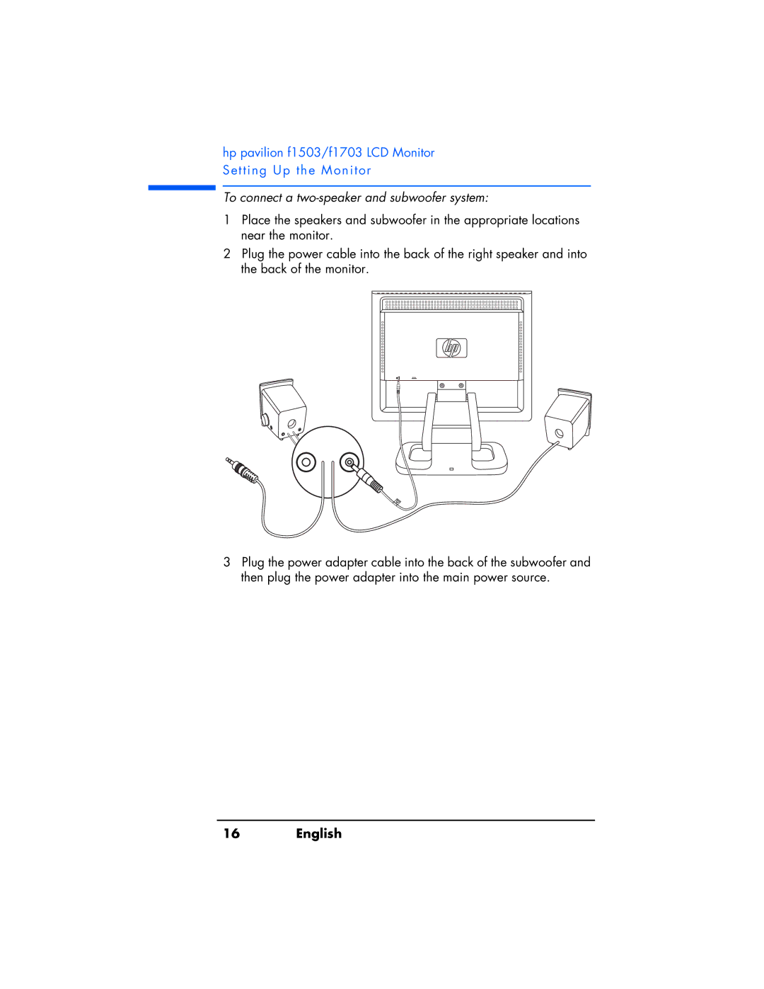 HP f1503 manual To connect a two-speaker and subwoofer system 