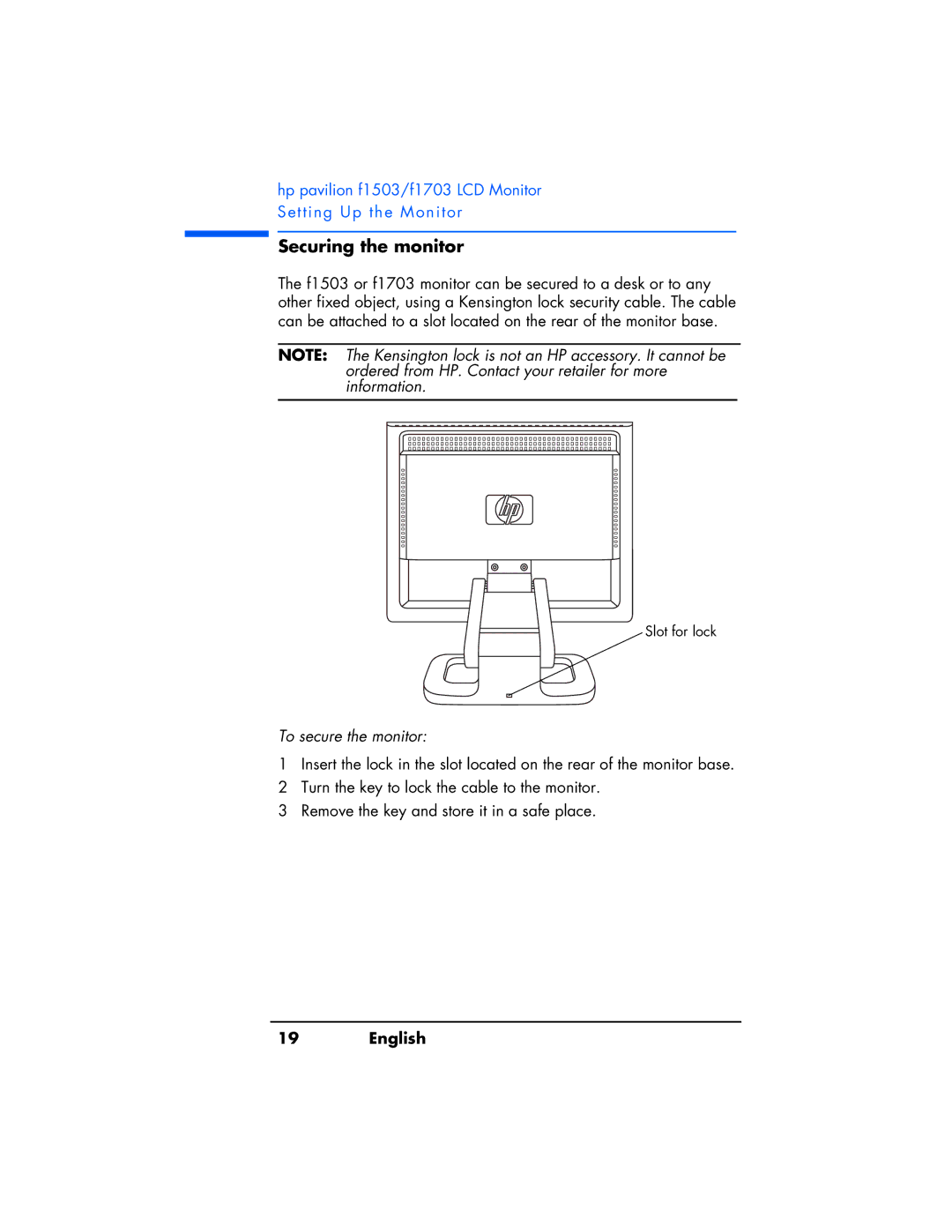 HP f1503 manual Securing the monitor, To secure the monitor 