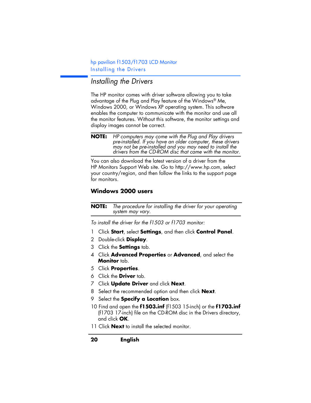 HP manual Installing the Drivers, Windows 2000 users, To install the driver for the f1503 or f1703 monitor 