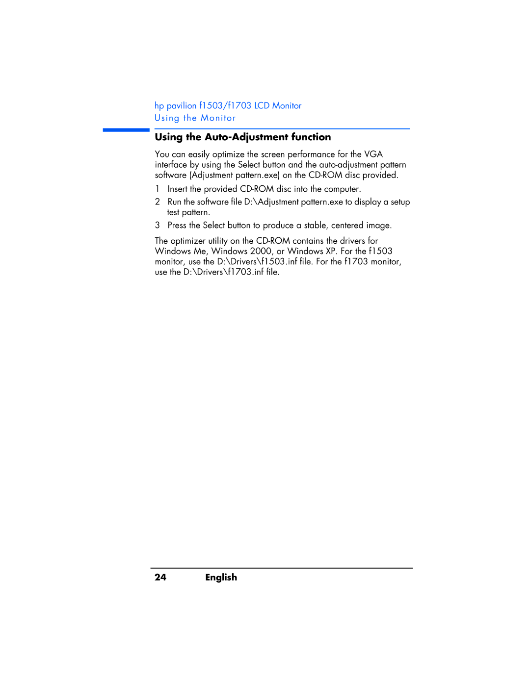 HP f1503 manual Using the Auto-Adjustment function 