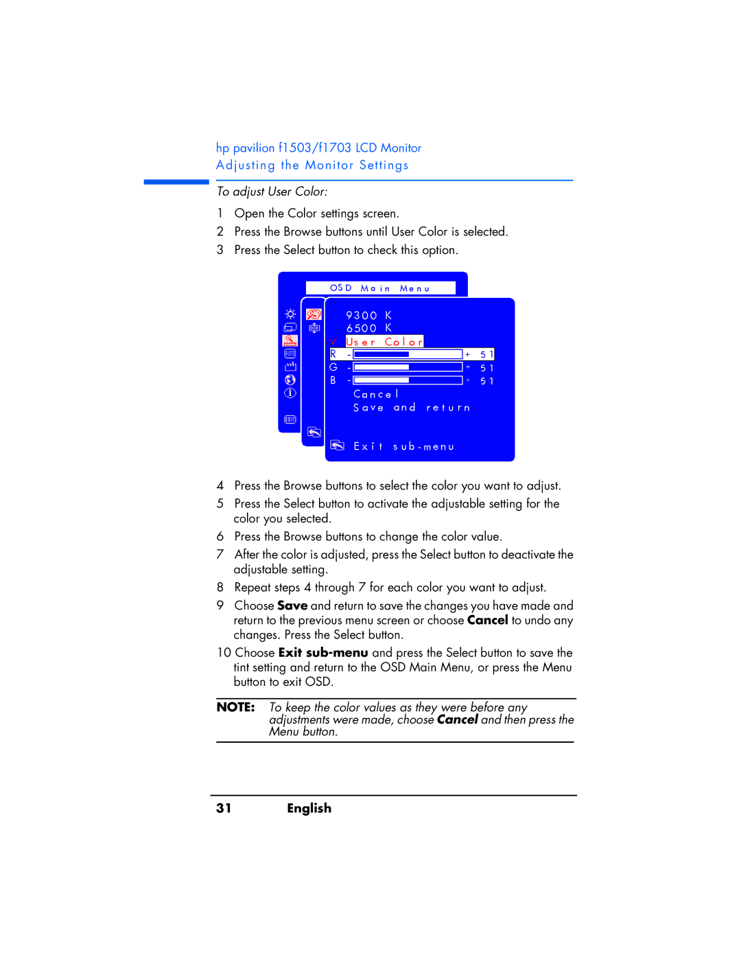 HP f1503 manual To adjust User Color 