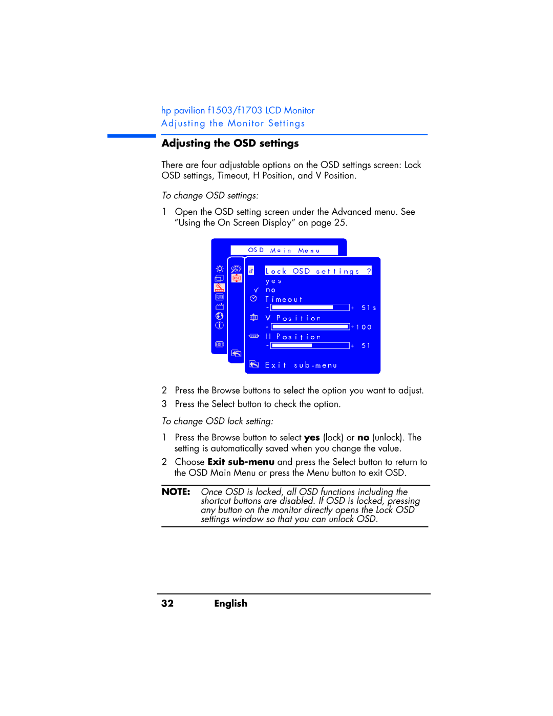 HP f1503 manual Adjusting the OSD settings, To change OSD settings, To change OSD lock setting 