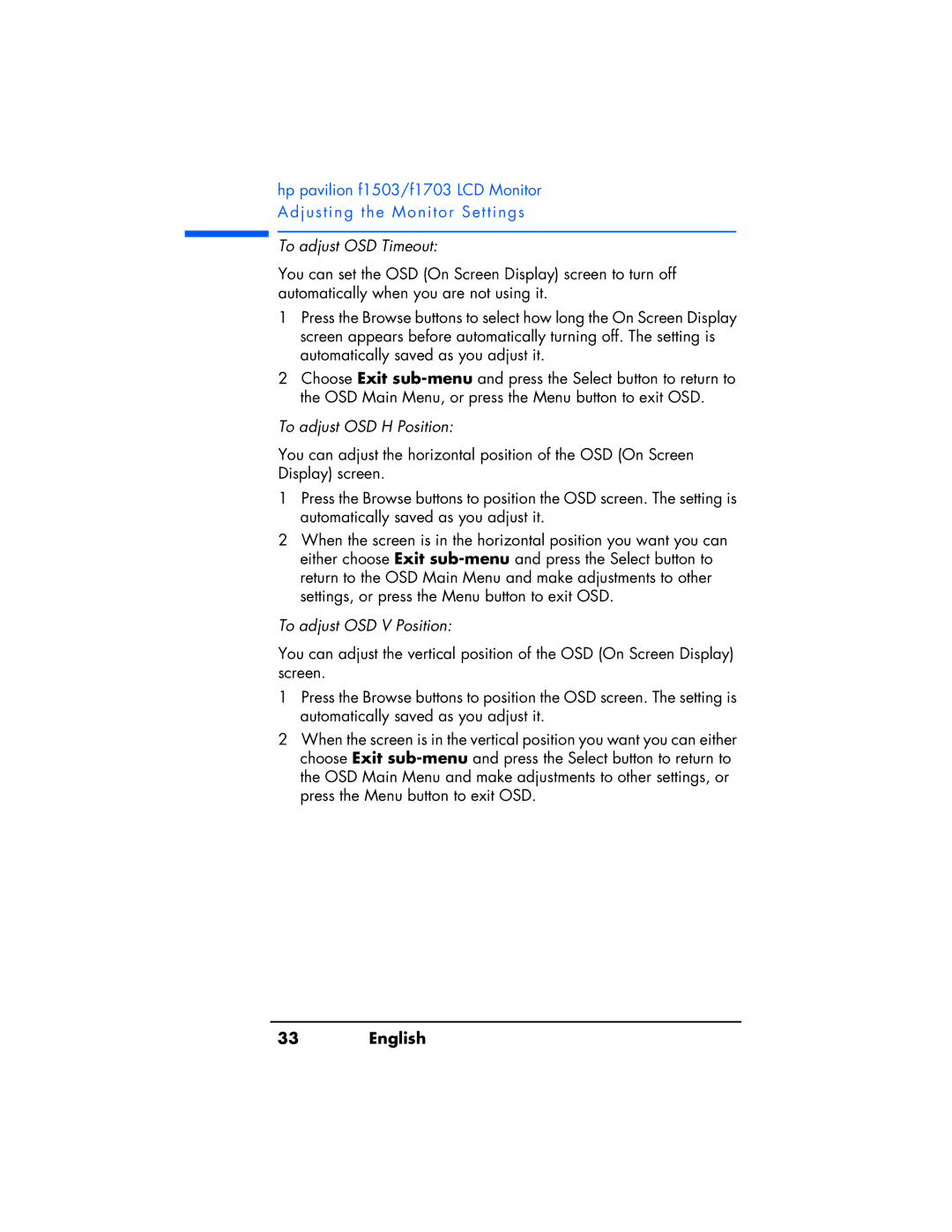 HP f1503 manual To adjust OSD Timeout, To adjust OSD H Position, To adjust OSD V Position 