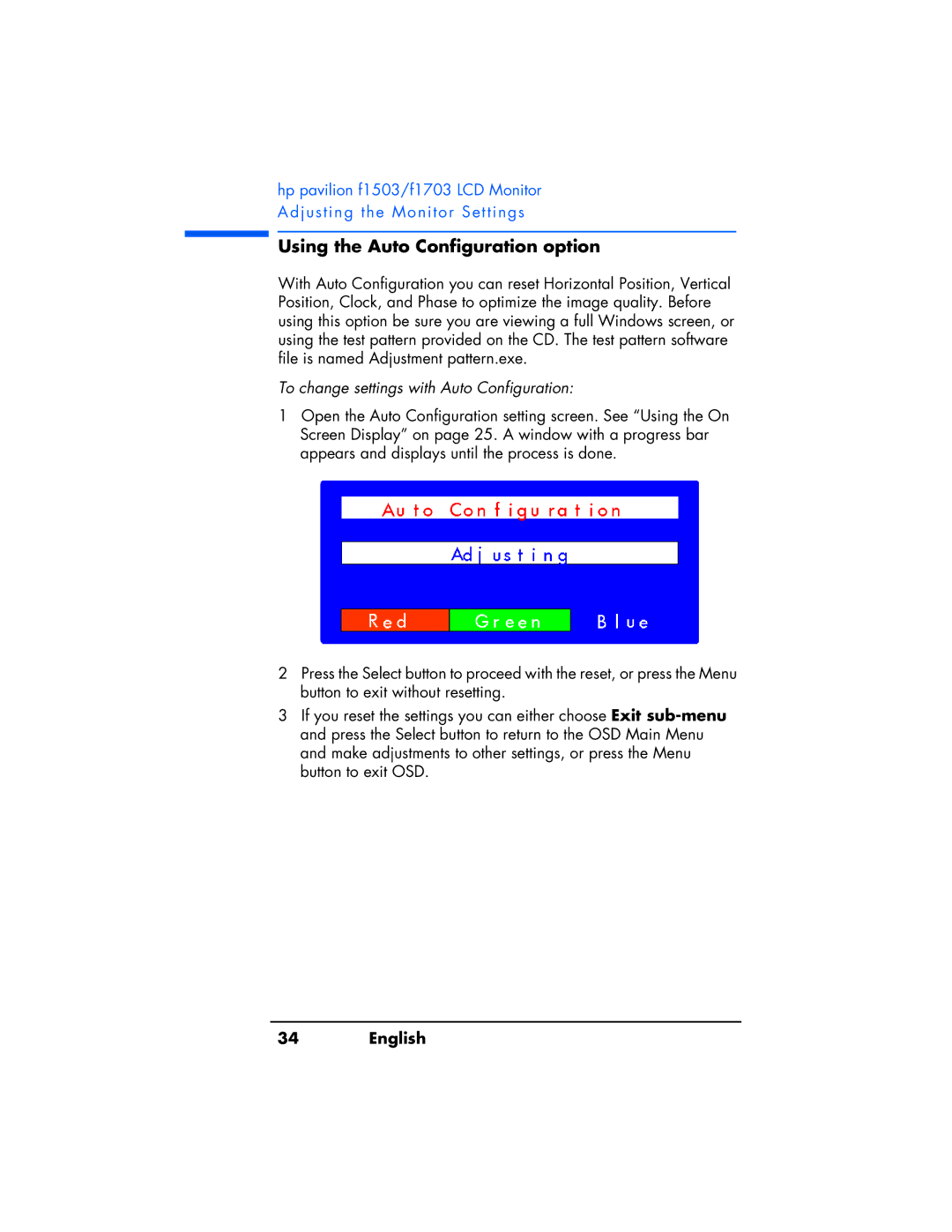 HP f1503 manual Using the Auto Configuration option, To change settings with Auto Configuration 