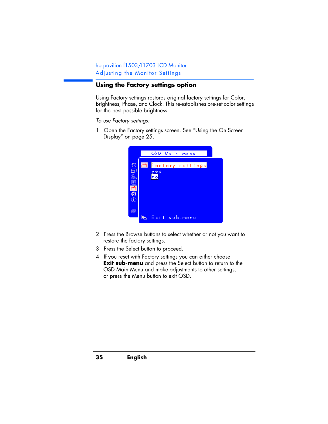 HP f1503 manual Using the Factory settings option, To use Factory settings 