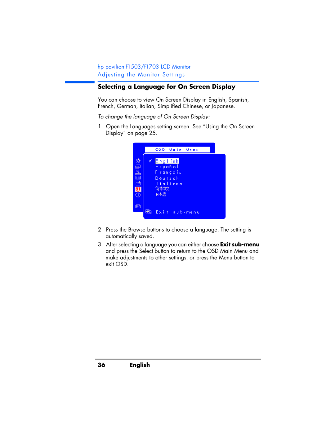 HP f1503 manual Selecting a Language for On Screen Display, To change the language of On Screen Display 