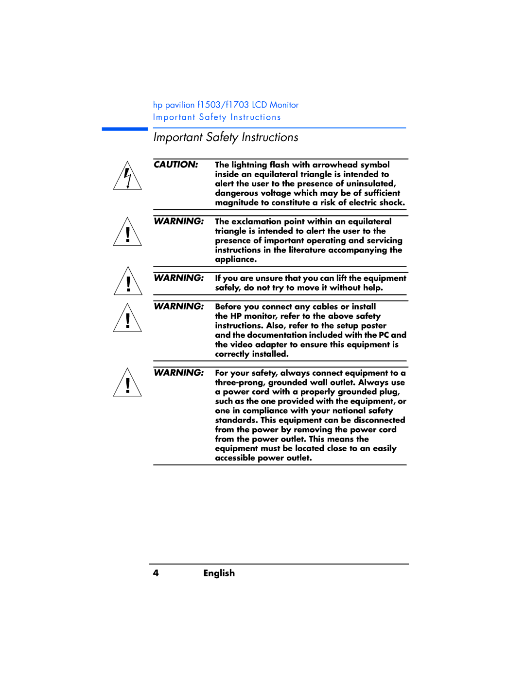 HP f1503 manual Important Safety Instructions 