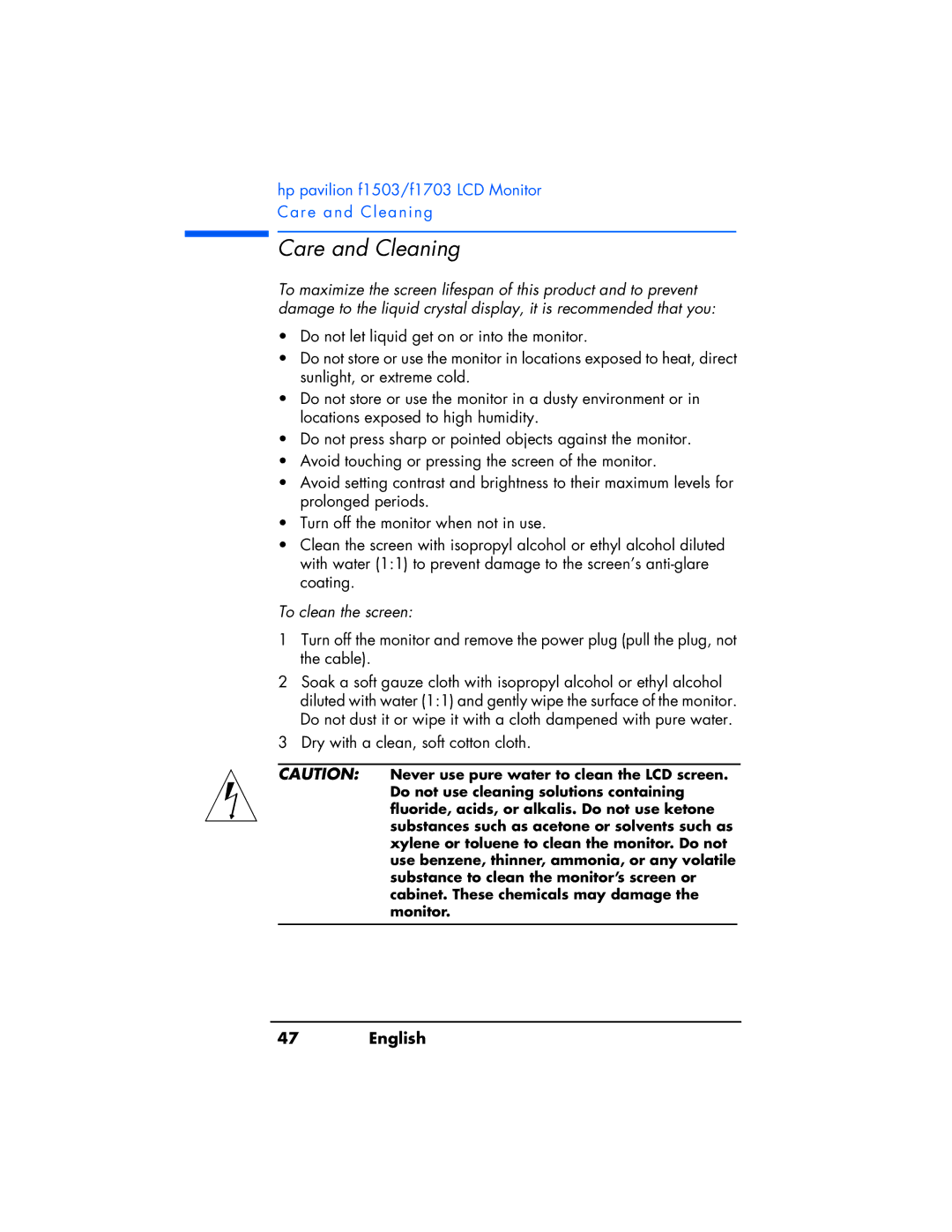 HP f1503 manual Care and Cleaning, To clean the screen 