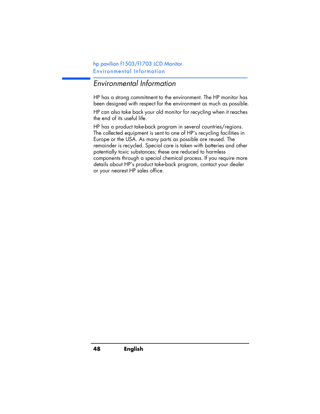 HP f1503 manual Environmental Information 