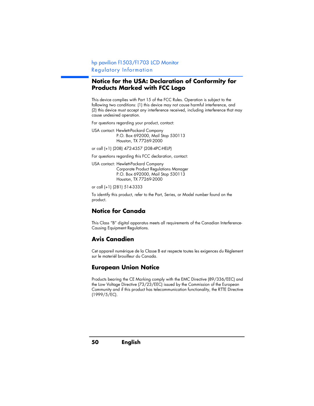 HP f1503 manual Avis Canadien, European Union Notice 