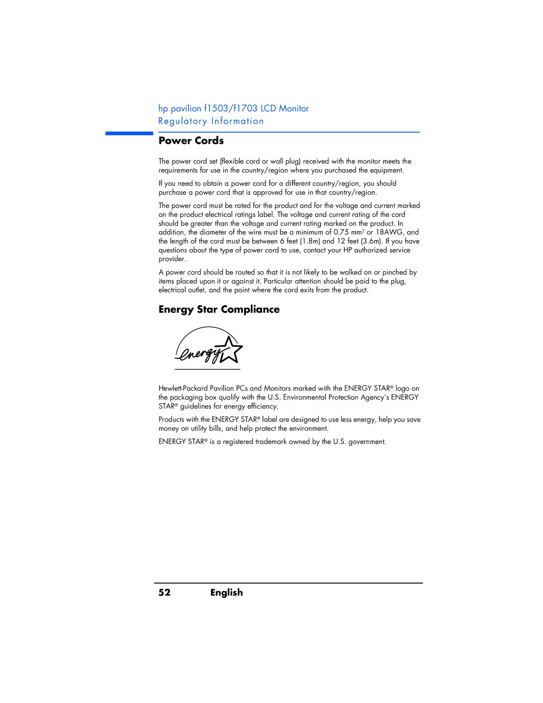 HP f1503 manual Power Cords, Energy Star Compliance 