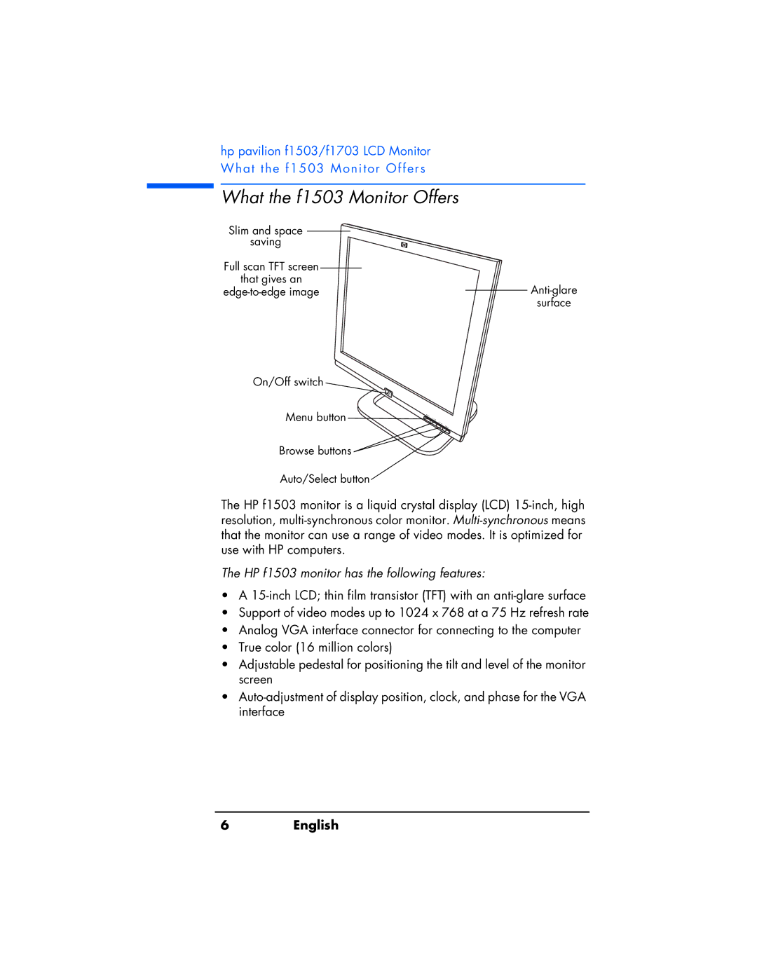 HP manual What the f1503 Monitor Offers, HP f1503 monitor has the following features 