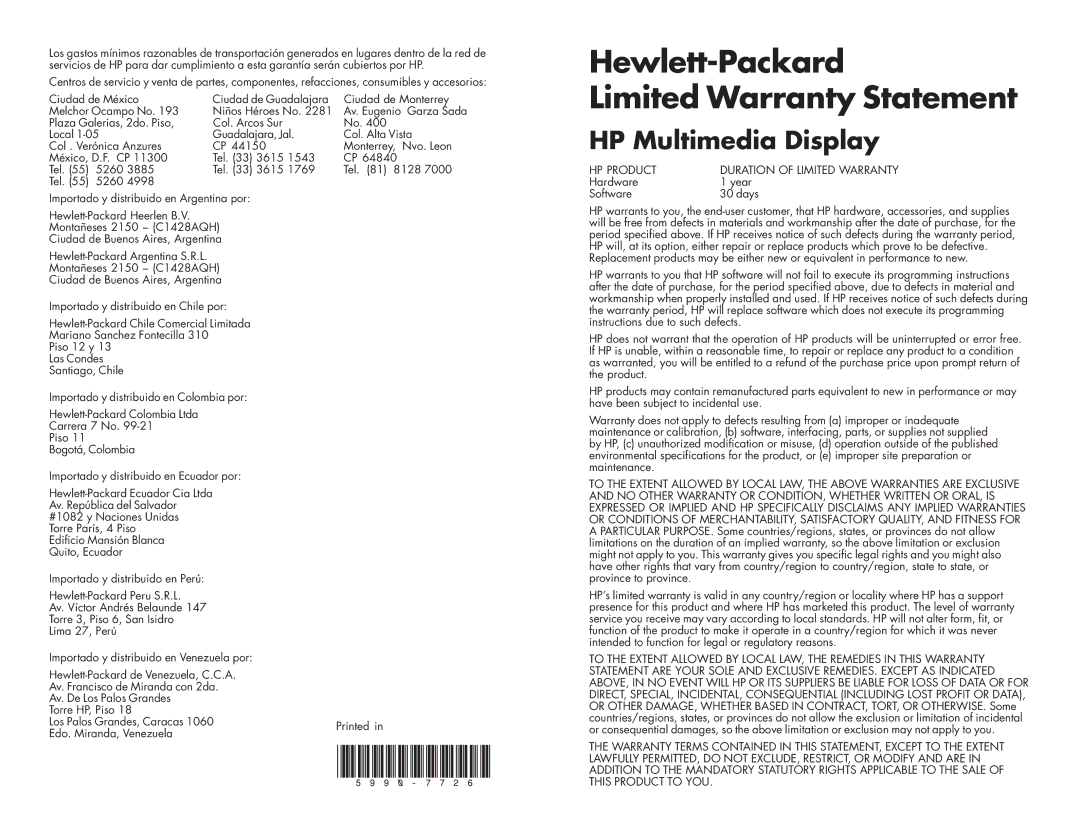 HP f1523 15 inch manual HP Multimedia Display, HP Product Duration of Limited Warranty 